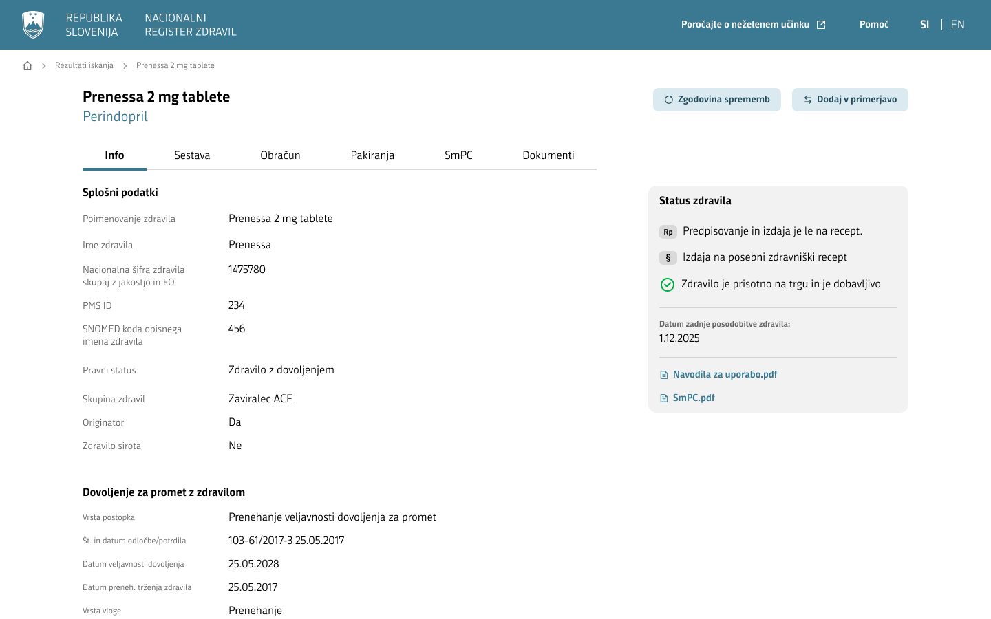 Prikaz podrobnih podatkov o zdravilu