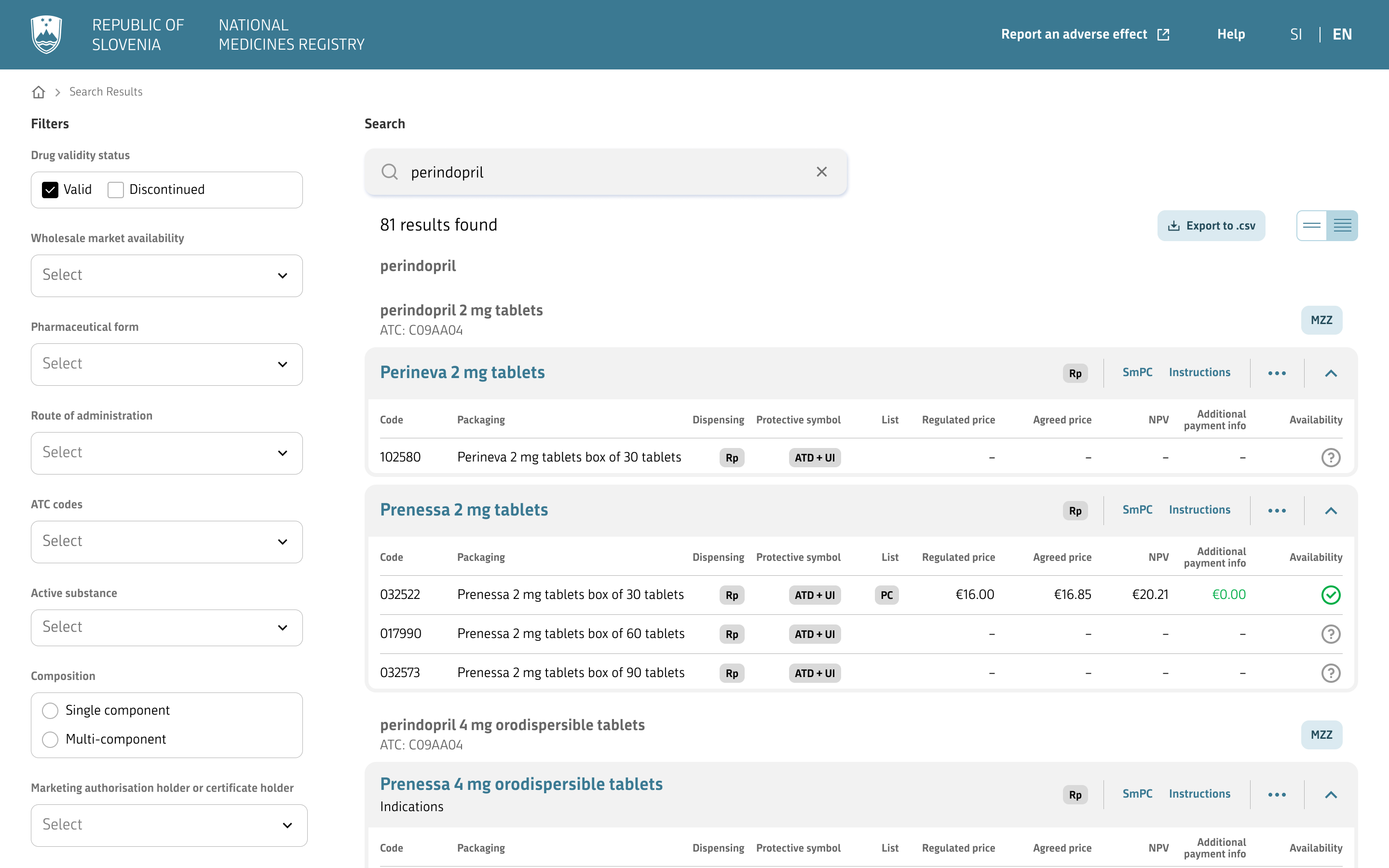 Expanded view of the search results list