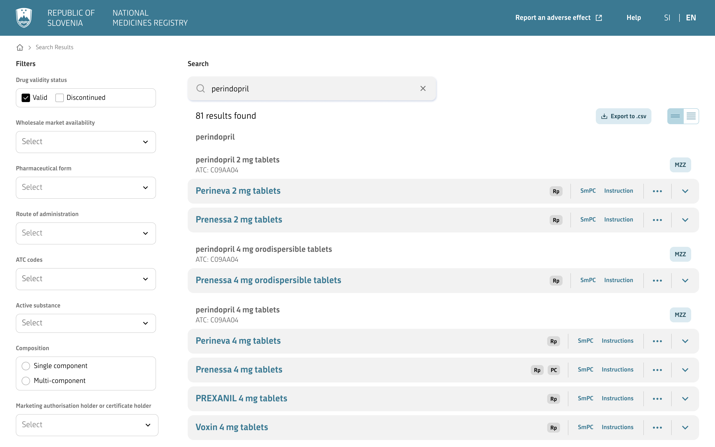 Search results list